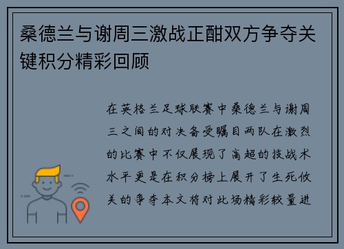 桑德兰与谢周三激战正酣双方争夺关键积分精彩回顾